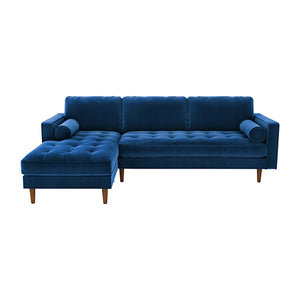 Velvet Upholstery 2 Seater Tufted Sofa Blue Color Lounge Set for Living Room Couch with Chaise