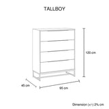 Tallboy with 4 Storage Drawers Assembled Solid Acacia Wooden Construction in Tea Colour