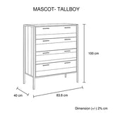 Tallboy 4 Storage Drawers Natural Wood Like Particle board Construction in Oak Colour