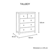 Tallboy with 5 Storage Drawers in Cloud White Ash Color with Solid Acacia Wooden Frame