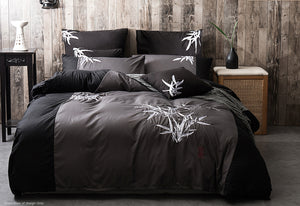 Queen Size Embroidered Bamboo Pattern Black Grey Quilt Cover Set (3PCS)