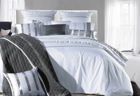 Queen Size White Striped Sequins Quilt Cover Set(3PCS)