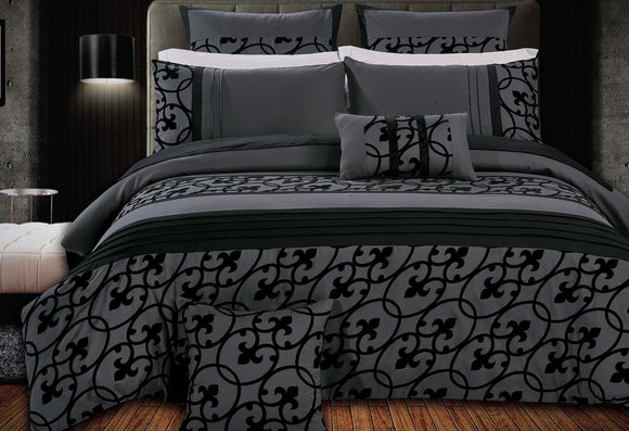 King Size Flocking Charcoal Black Quilt Cover Set (3PCS)