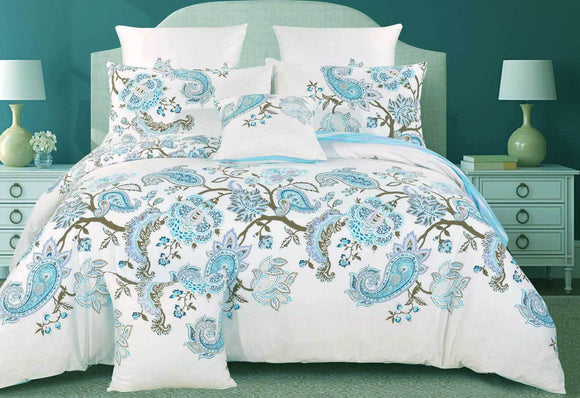 Luxton Queen Size Cotton White Blue Paisley Quilt Cover Set (3PCS)