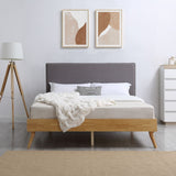 Natural Oak Ensemble Bed Frame Wooden Slat Fabric Headboard Queen