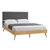 Natural Oak Ensemble Bed Frame Wooden Slat Fabric Headboard Queen