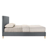 Modern Contemporary Upholstered Fabric Platform Bed Base Frame Queen Light Grey