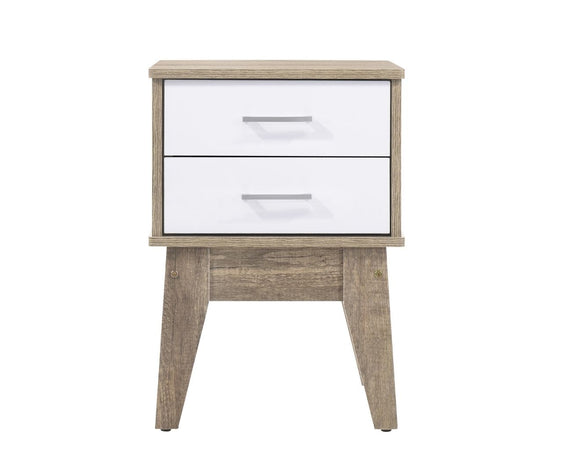 Wooden 2 Drawers Bedside Table in Light Oak Finish with White Accent