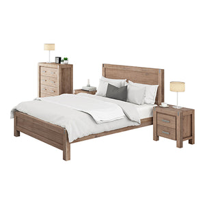 4 Pieces Bedroom Suite in Solid Wood Veneered Acacia Construction Timber Slat Single Size Oak Colour Bed, Bedside Table & Tallboy