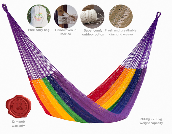 King Size Outoor Cotton Mayan Legacy Mexican Hammock in Rainbow
